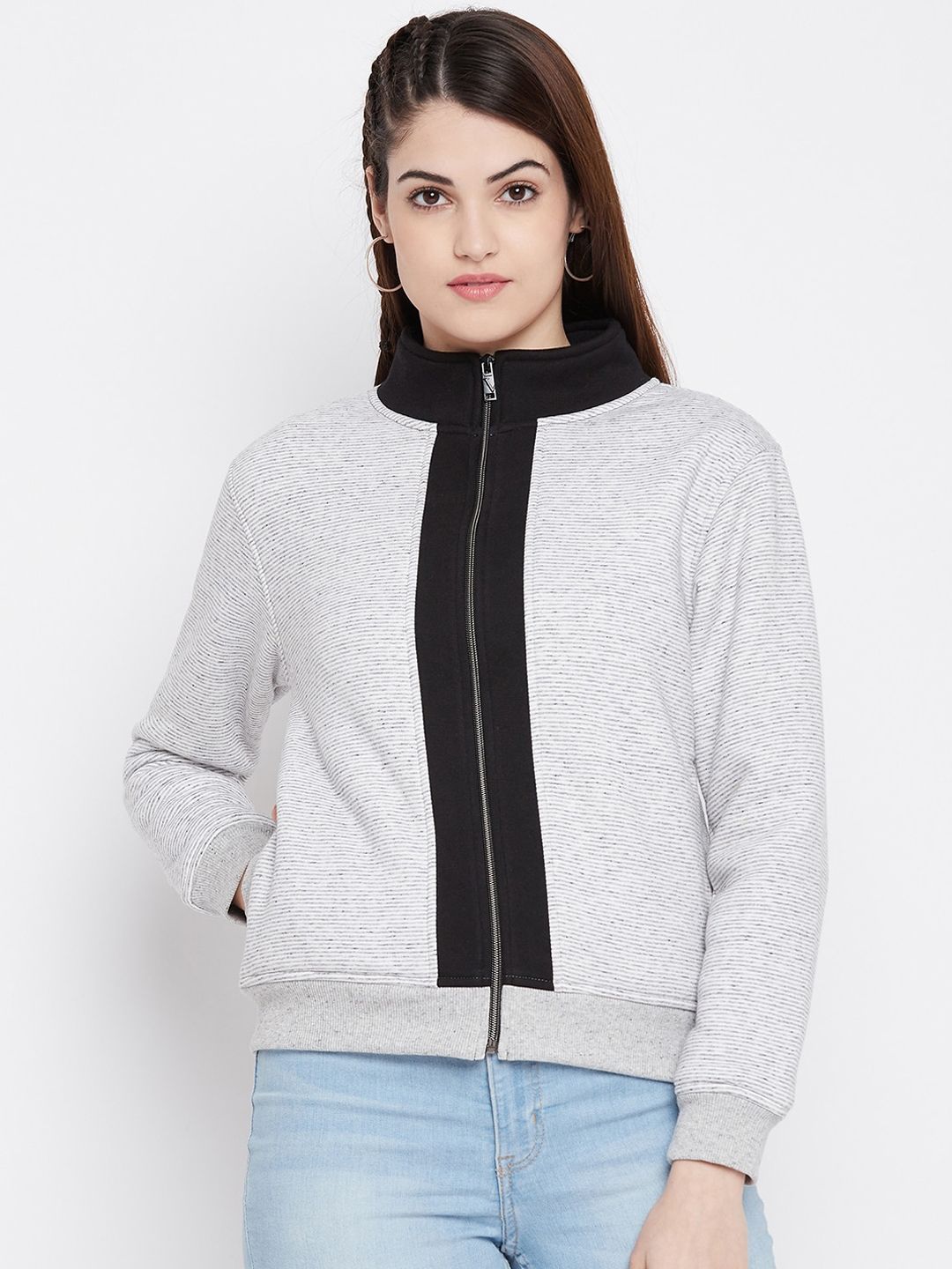 AGIL ATHLETICA Women Grey & Black Self-Design Bomber Jacket Price in India