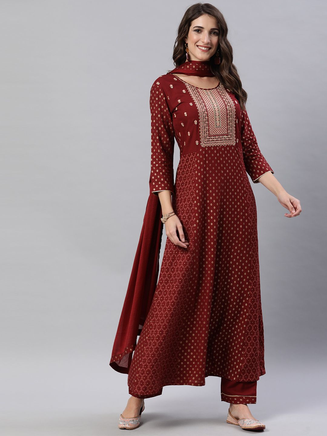 SheWill Women Maroon Ethnic Motifs Foil Printed Sequinned Anarkali Kurta with Trousers Price in India