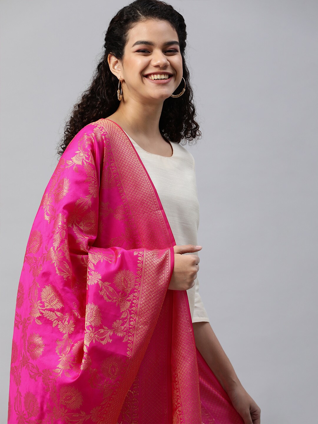 swatika Women Fuchsia Pink Ethnic Motifs Woven Design Banarasi Handloom Dupatta with Zari Price in India