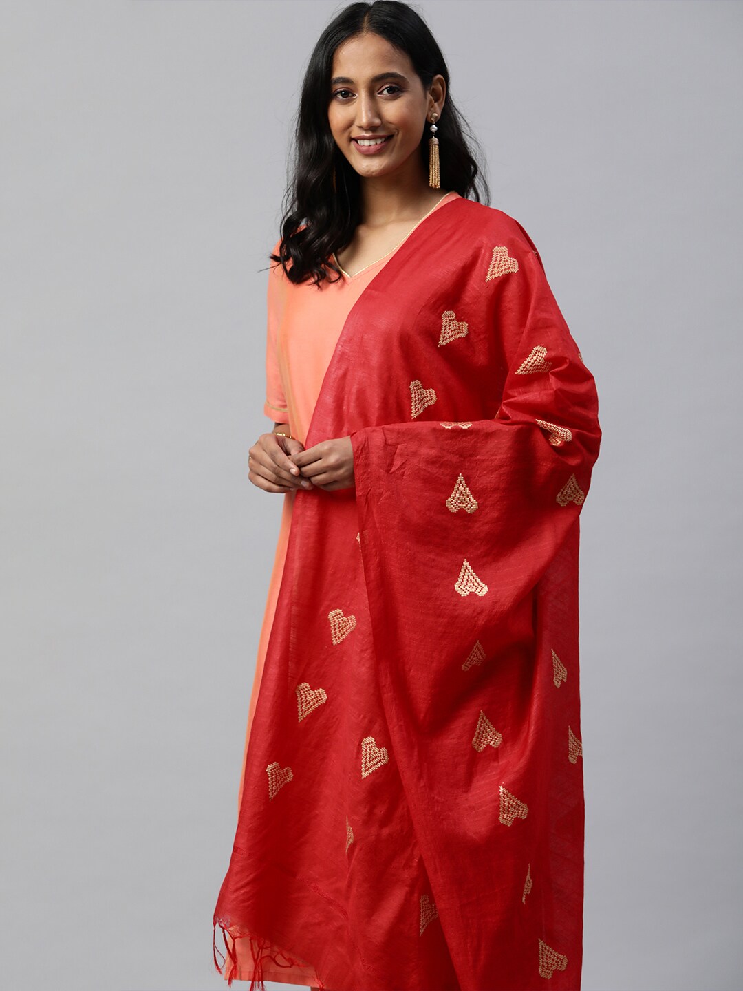 swatika Women Red Ethnic Motifs Woven Design Bhagalpuri Handloom Dupatta with Thread Work Price in India