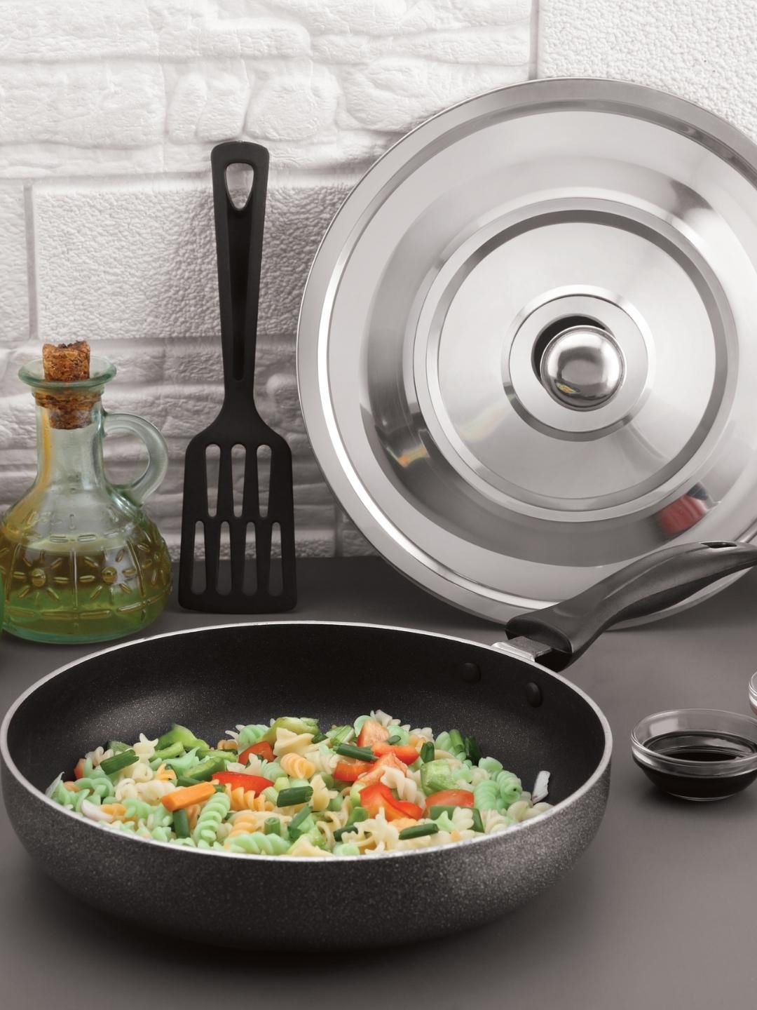 MAGNUS Grey Solid Non-Stick Fry Pan With Stainless Steel Lid Price in India