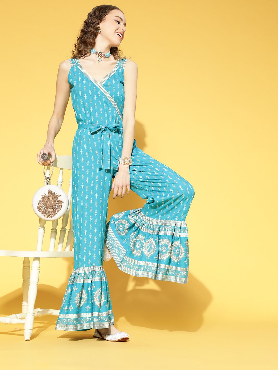 kipek Women Alluring Turquoise Blue Printed Ethnic Jumpsuit Price in India