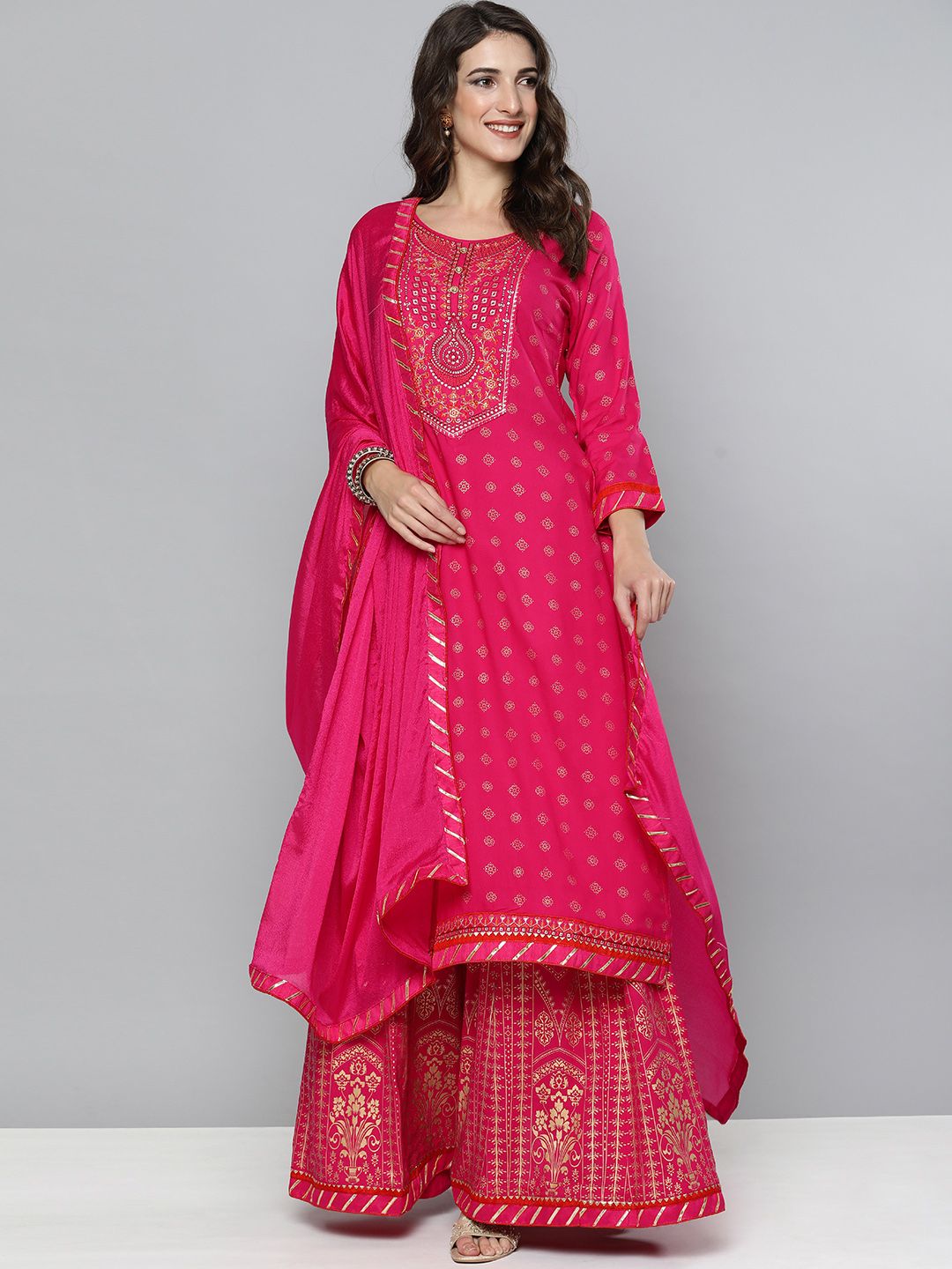 Kvsfab Women Pink Floral Embroidered Gotta Patti Kurta with Skirt & With Dupatta Price in India