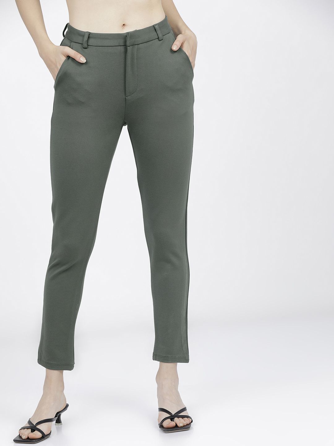Tokyo Talkies Women Olive Green Slim Fit Trousers Price in India
