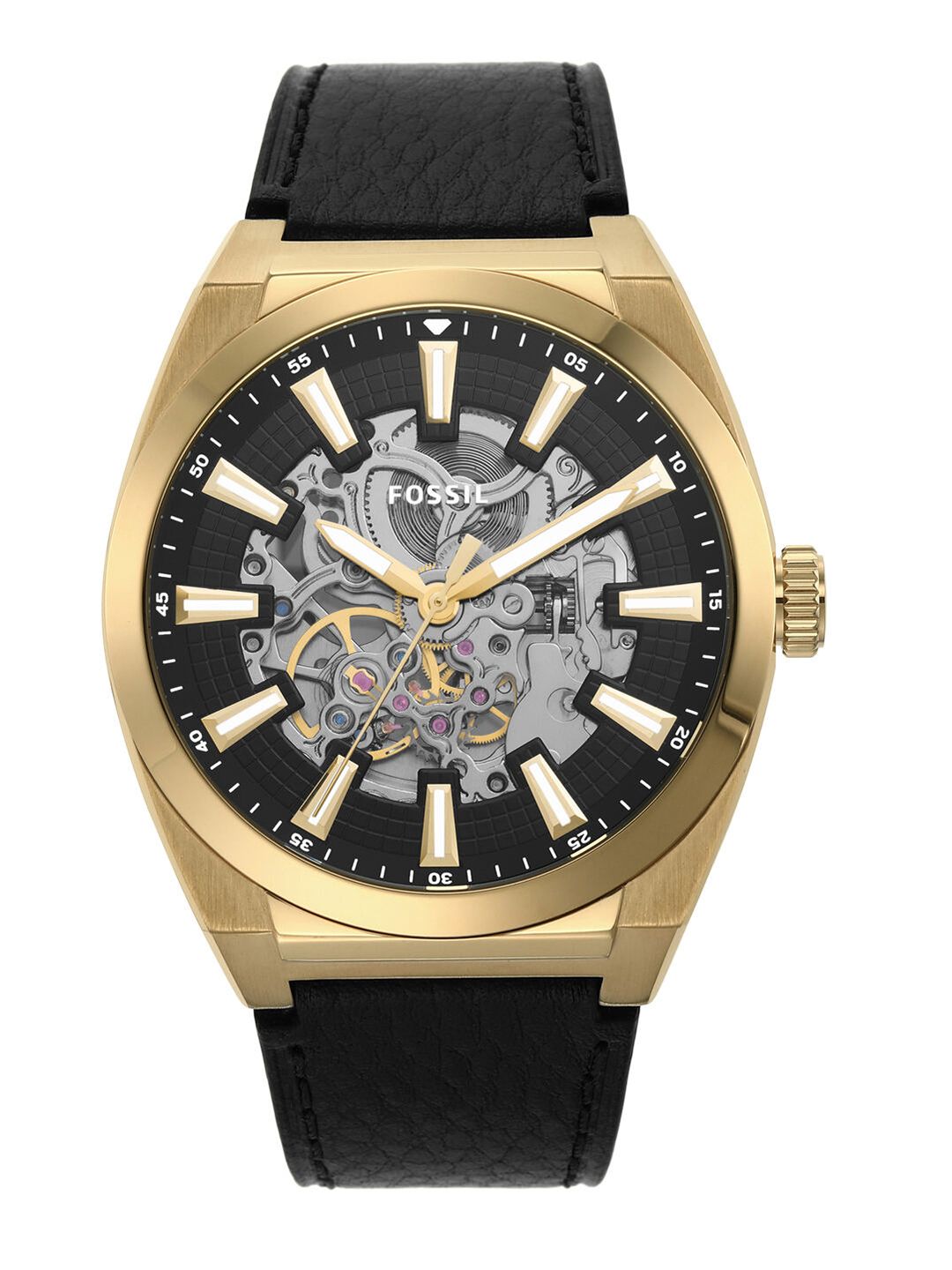 Buy Fossil Men Silver-Toned & Black Skeleton Dial & Leather Straps