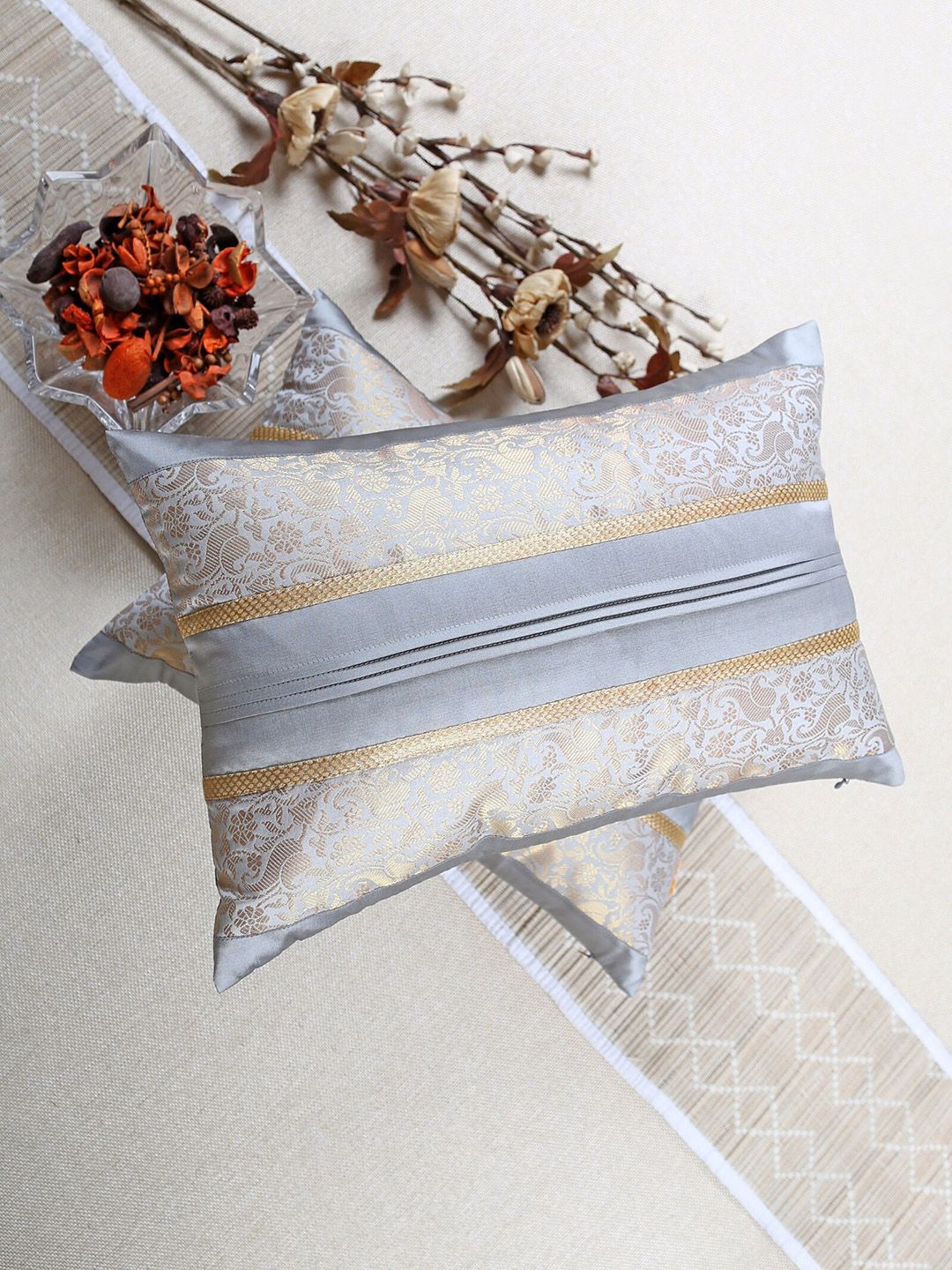 ANS Set of 2 Grey & Gold Ethnic Motifs Rectangle Cushion Covers Price in India