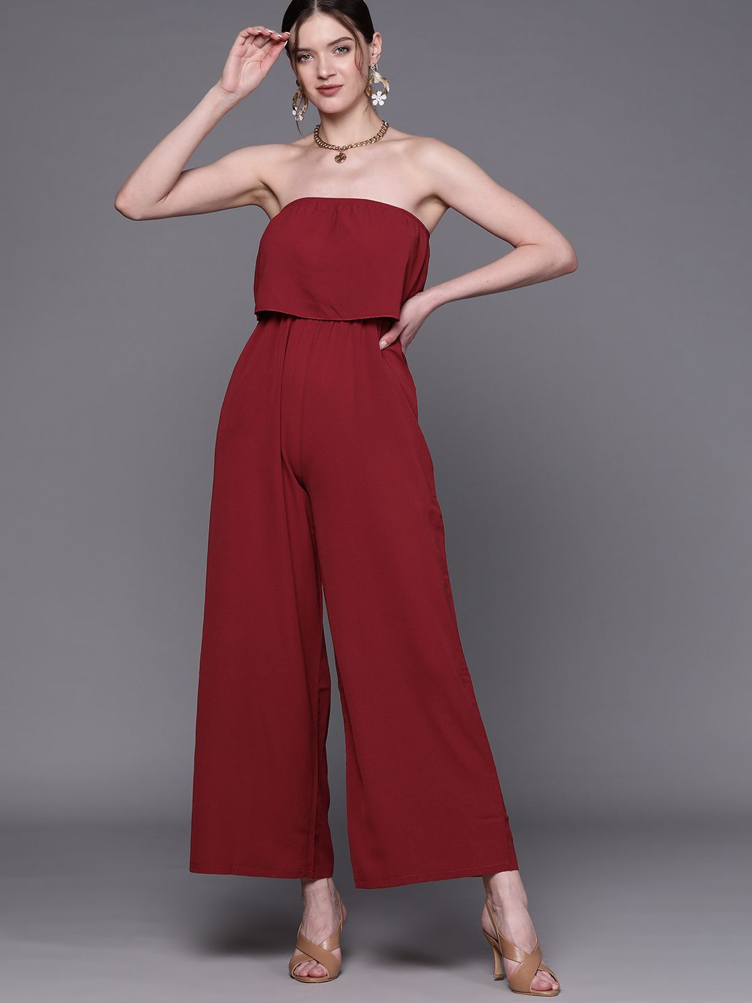 JC Mode Women Maroon Strapless Basic Jumpsuit with Layered Detailing Price in India