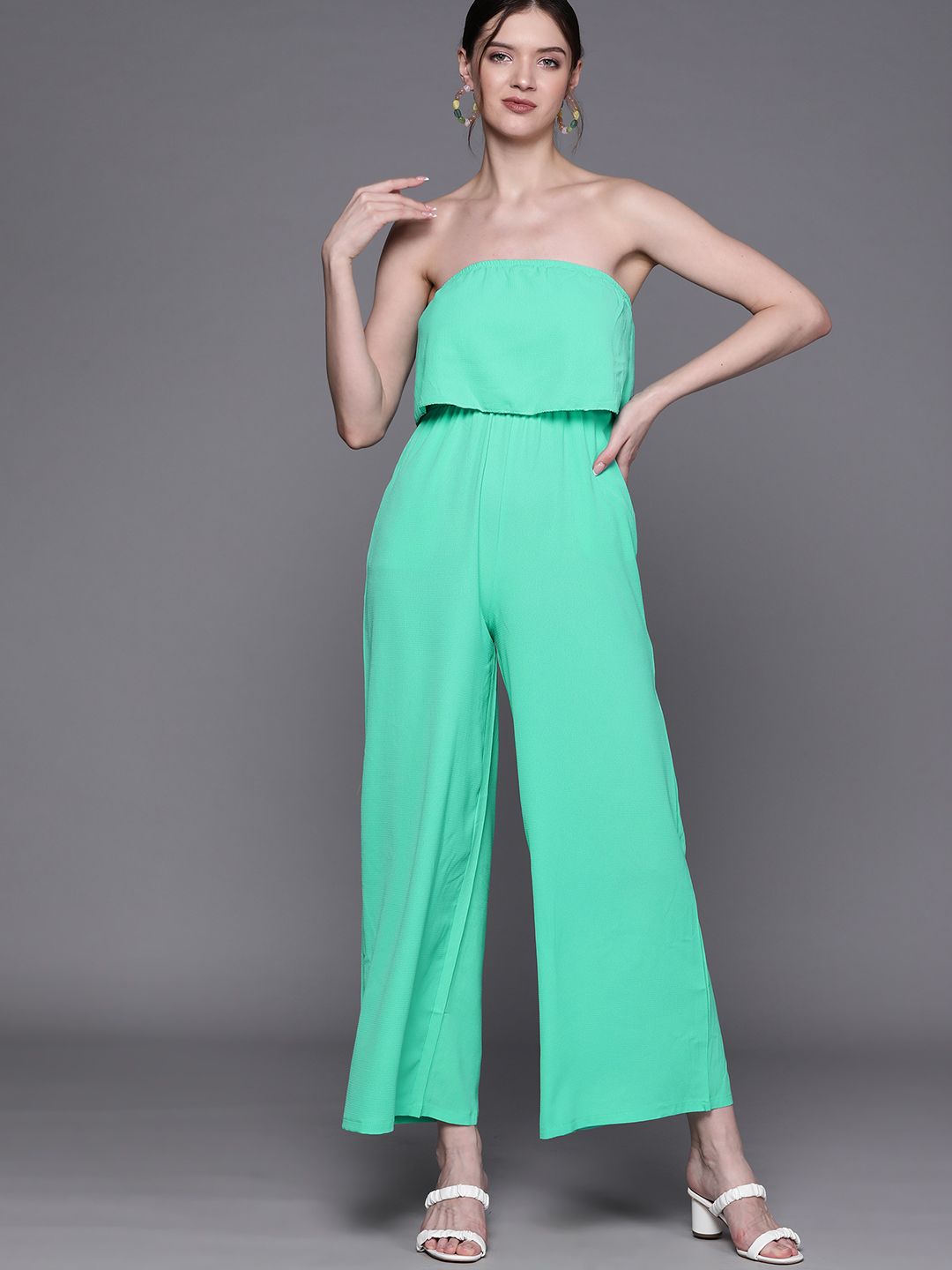 JC Mode Women Green Strapless Basic Jumpsuit with Layered Detailing Price in India