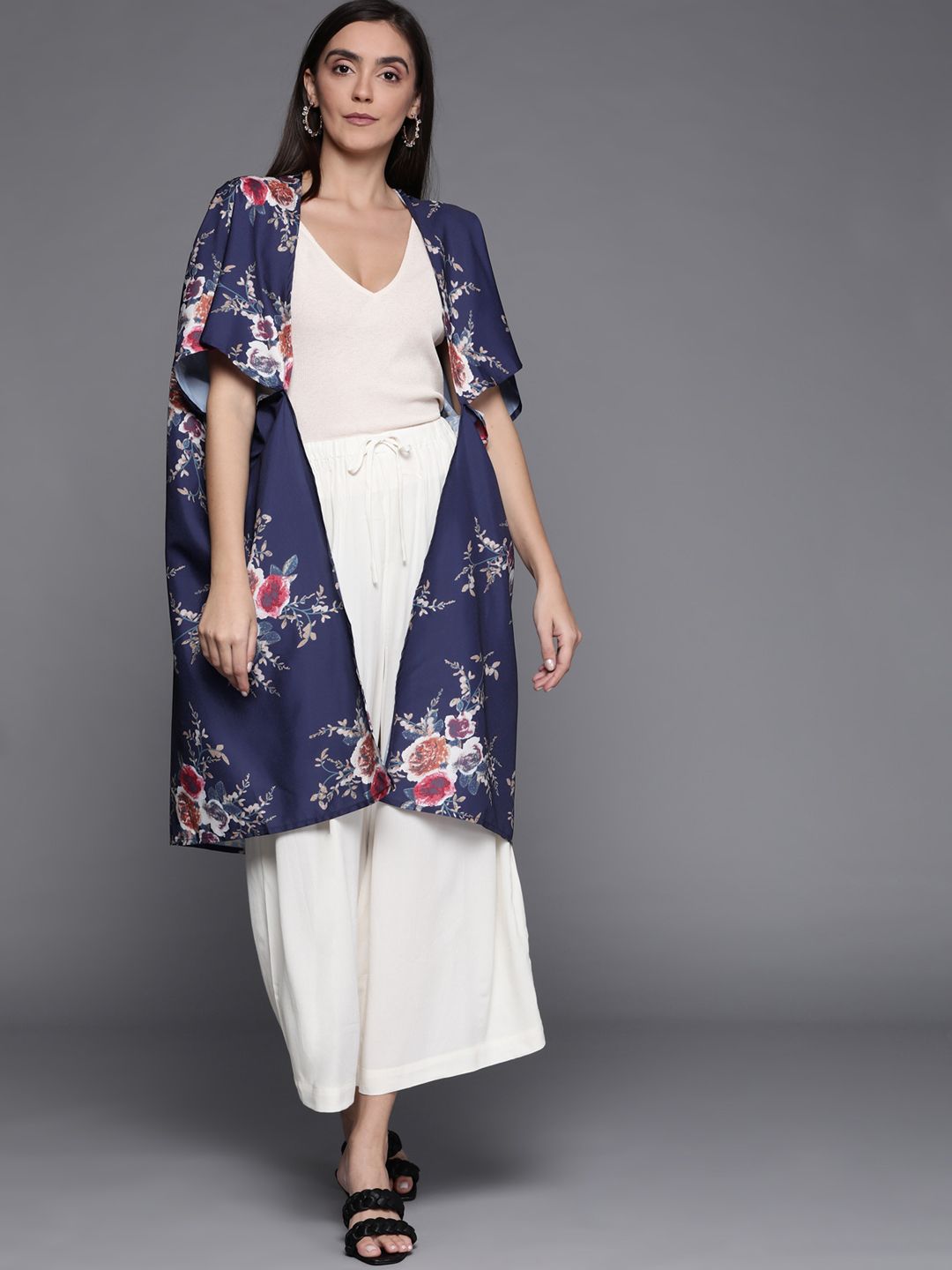 JC Mode Women Navy Blue & Red Floral Print Open-Front Longline Shrug Price in India