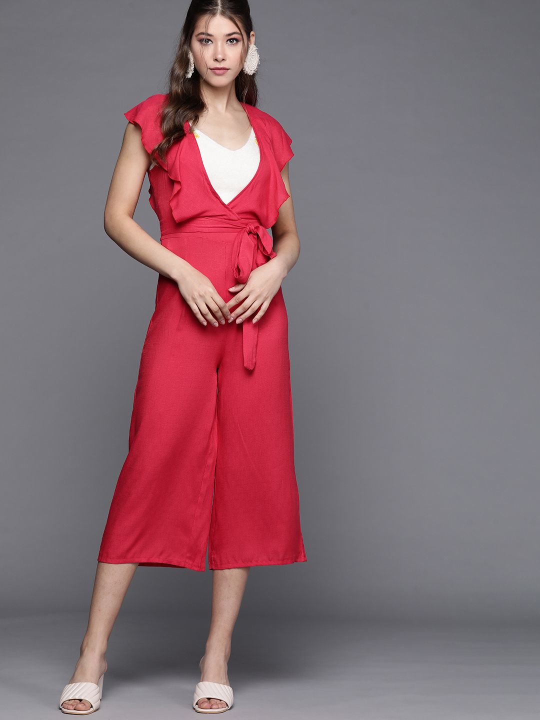 JC Mode Women Red Solid Basic Jumpsuit Price in India