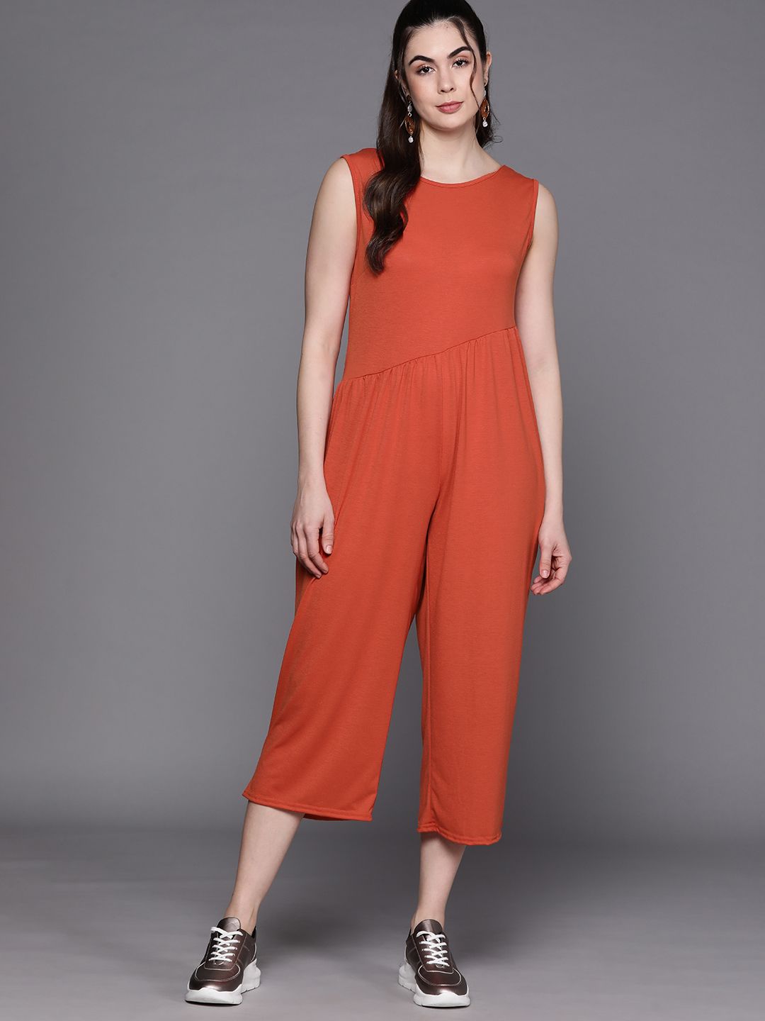 JC Mode Women Rust Red Solid Pure Cotton Capri Jumpsuit Price in India