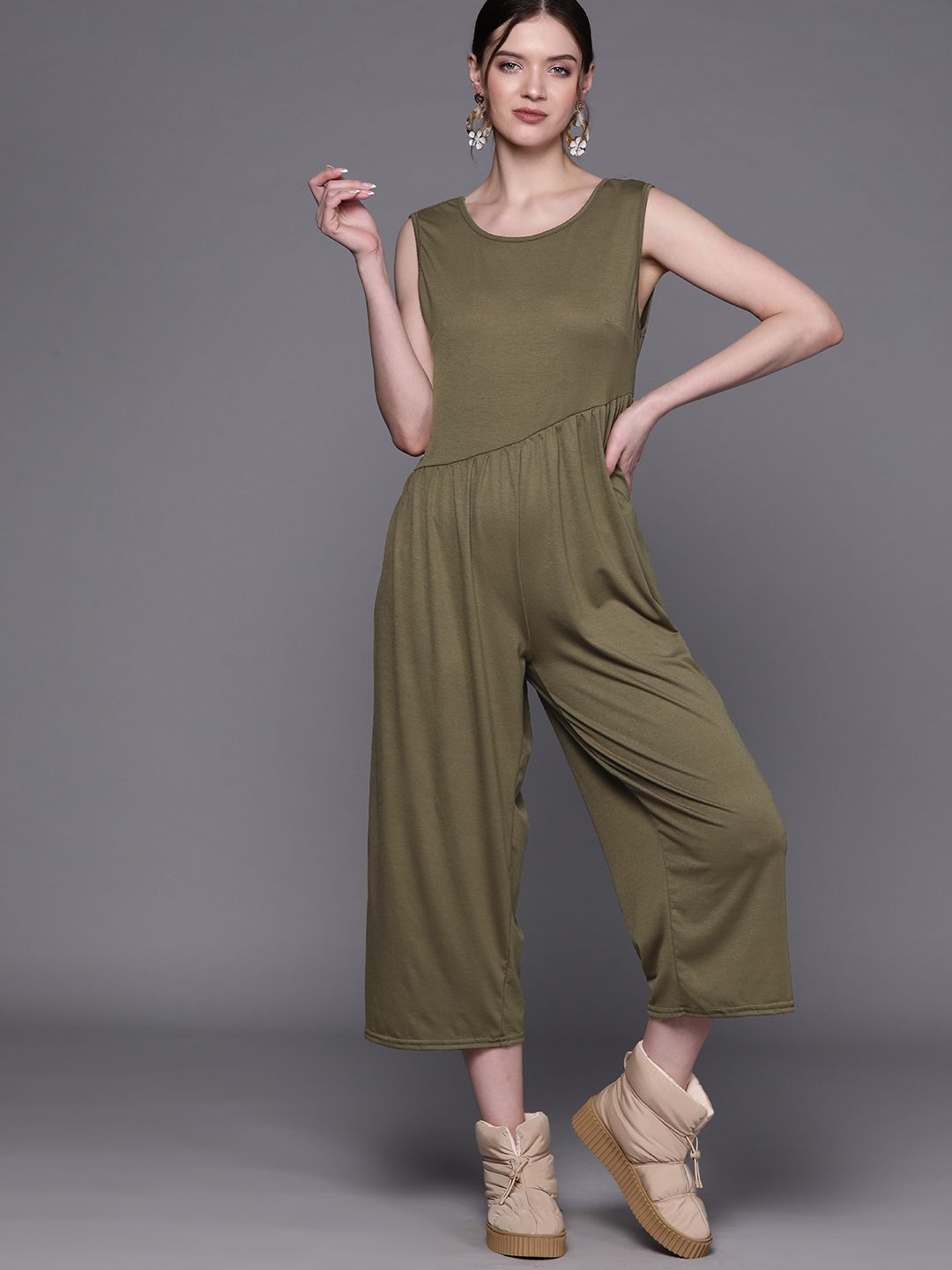 JC Mode Olive Green Solid Pure Cotton Basic Jumpsuit Price in India