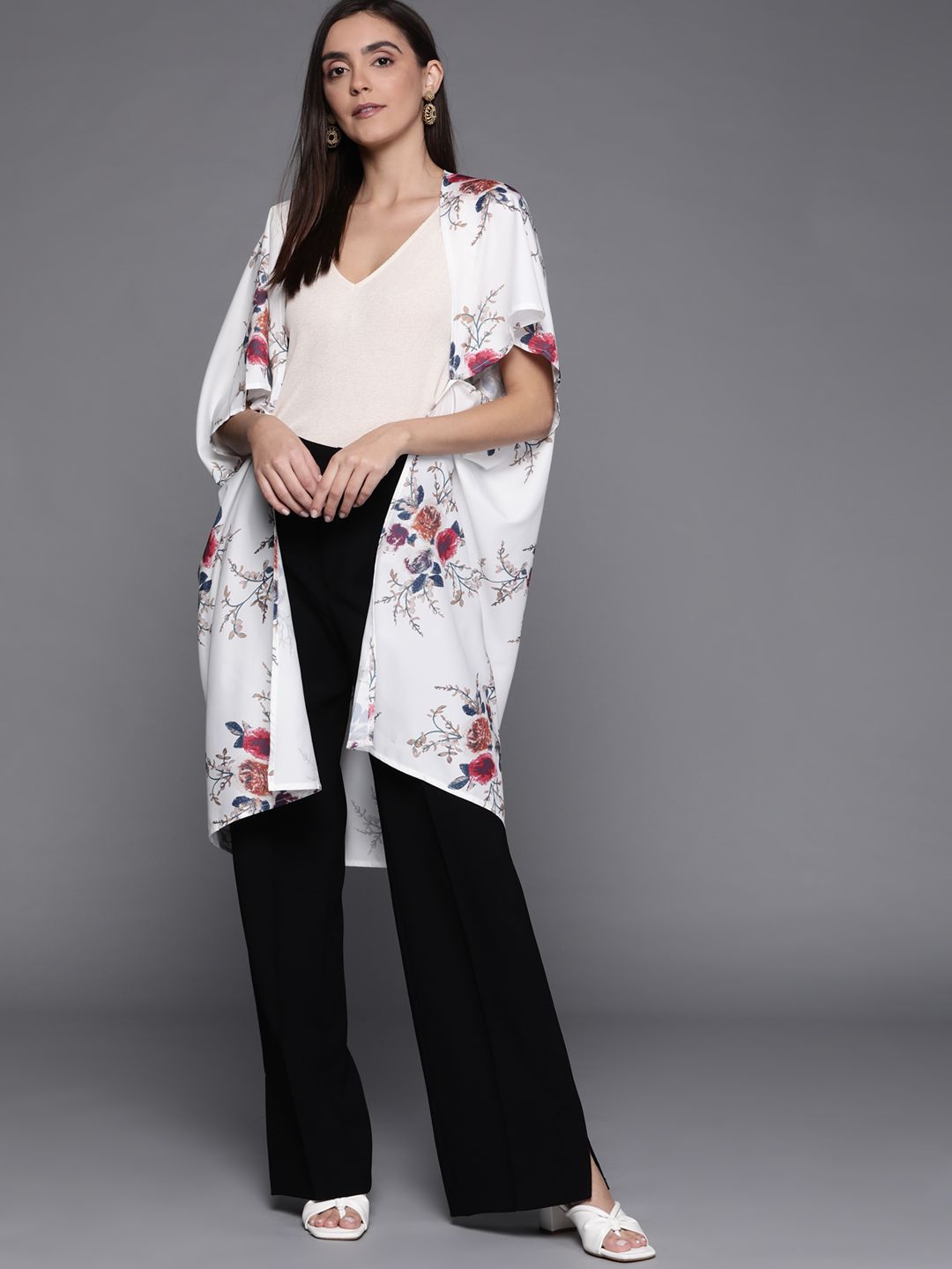 JC Mode Women White & Blue Floral Print Open-Front Longline Shrug Price in India