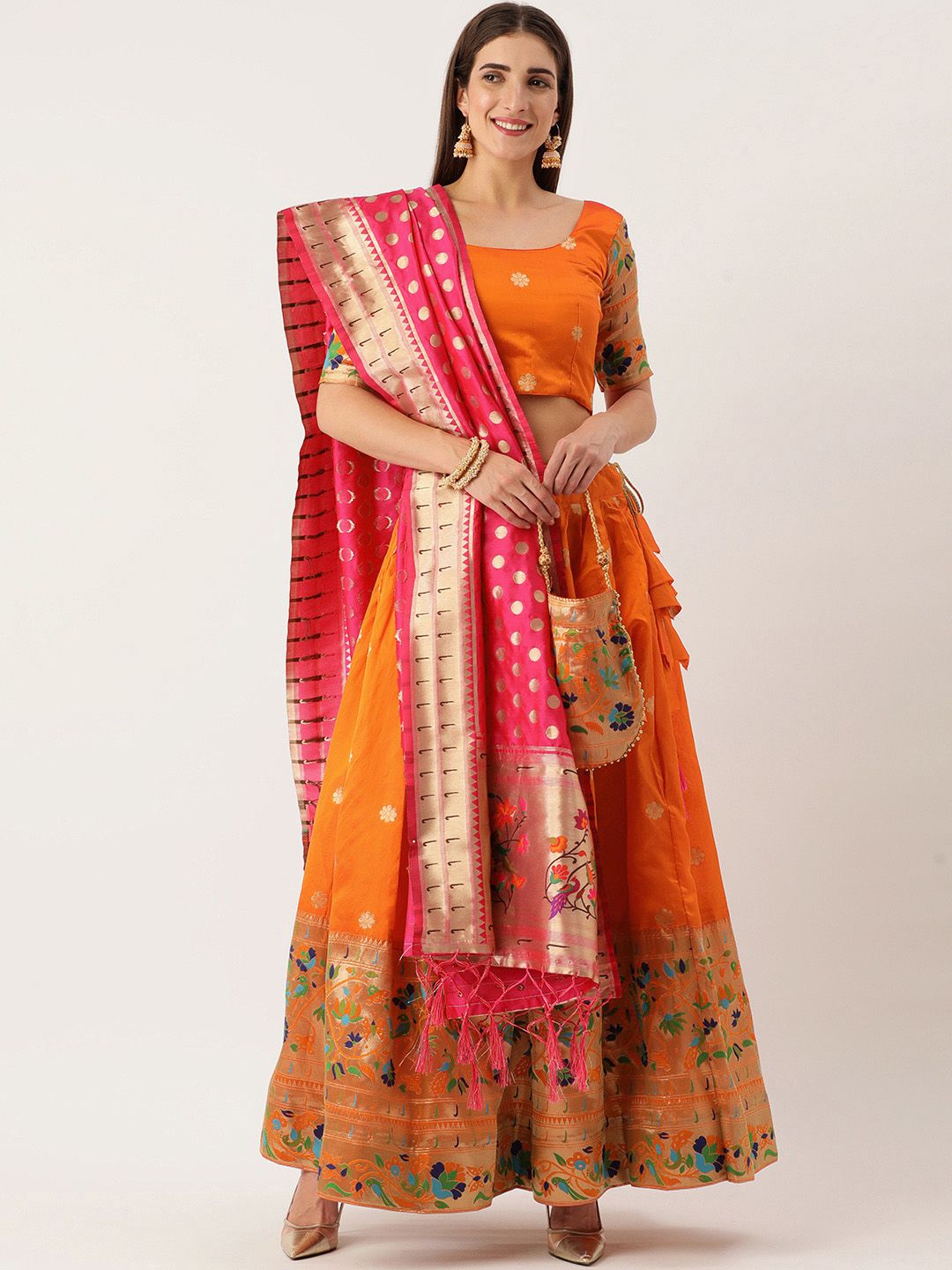 LOOKNBOOK ART Orange Semi-Stitched Lehenga & Unstitched Blouse With Dupatta Price in India
