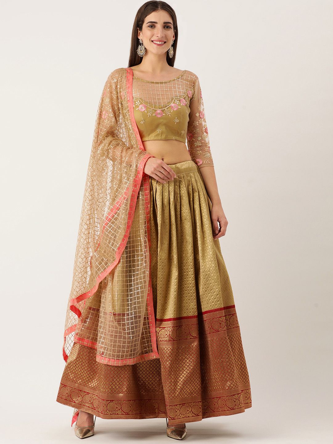 LOOKNBOOK ART Gold-Toned Embroidered Semi-Stitched Lehenga & Unstitched Blouse With Dupatta Price in India
