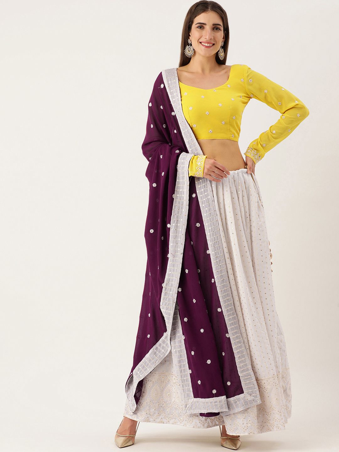 LOOKNBOOK ART White & Yellow Semi-Stitched Lehenga & Unstitched Blouse With Dupatta Price in India