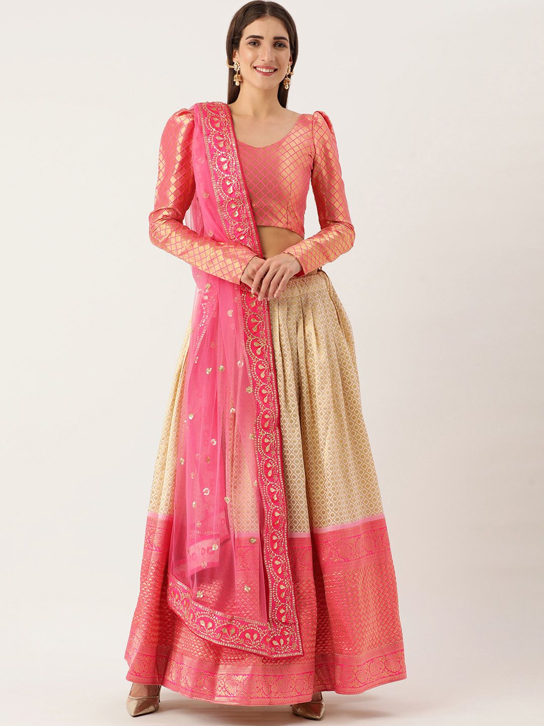LOOKNBOOK ART Cream-Coloured Semi-Stitched Lehenga & Unstitched Blouse With Dupatta Price in India