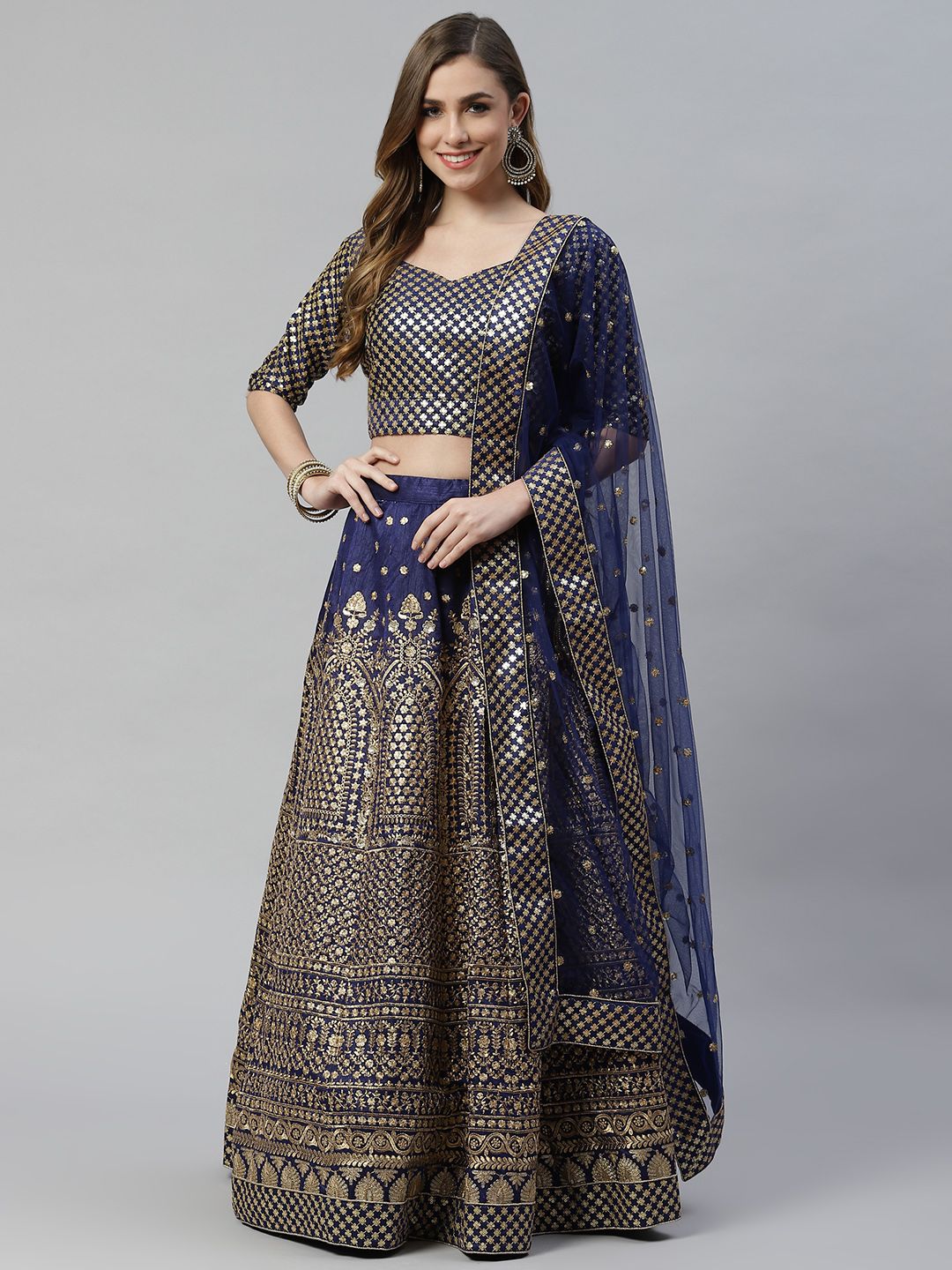SHUBHVASTRA Navy Blue & Gold-Toned Embellished Sequinned Semi-Stitched Lehenga & Unstitched Blouse With Price in India