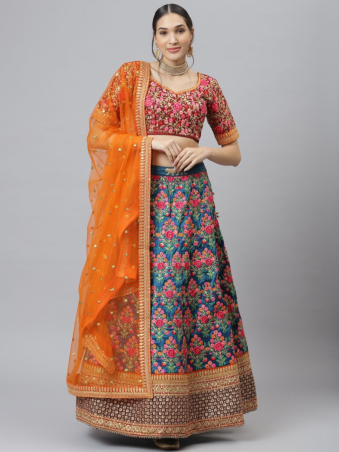 SHUBHVASTRA Navy Blue Semi-Stitched Lehenga & Unstitched Blouse With Dupatta Price in India
