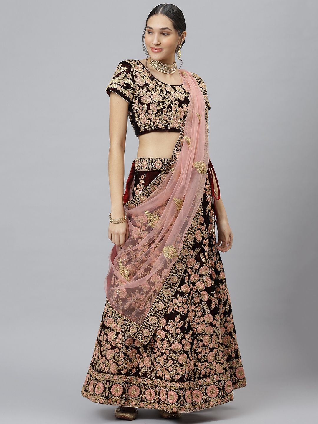 SHUBHVASTRA Maroon Semi-Stitched Lehenga & Unstitched Blouse With Dupatta Price in India