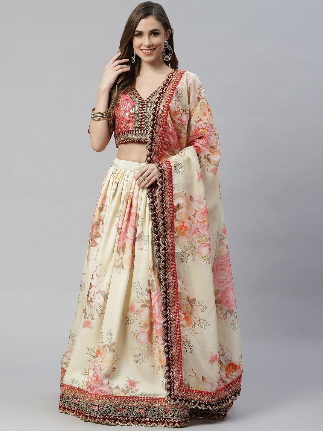 SHUBHVASTRA Peach-Coloured & Beige Embellished Zardozi Semi-Stitched Lehenga & Unstitched Blouse With Price in India