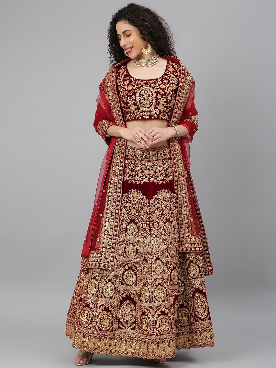 SHUBHVASTRA Red & Gold Embroidered Semi-Stitched Lehenga & Unstitched Blouse With Dupatta Price in India