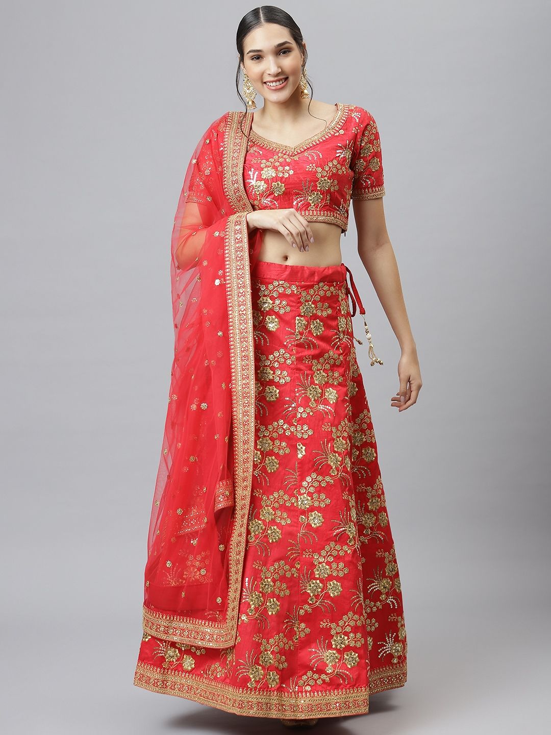 SHUBHVASTRA Red Semi-Stitched Lehenga & Unstitched Blouse With Dupatta Price in India