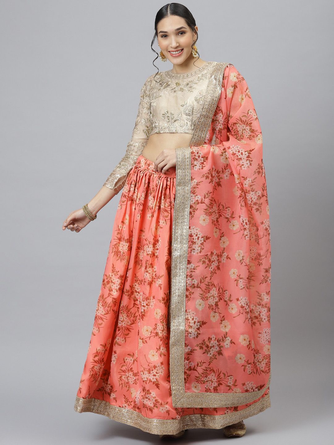 SHUBHVASTRA Pink & Beige Printed Semi-Stitched Lehenga & Unstitched Blouse With Dupatta Price in India