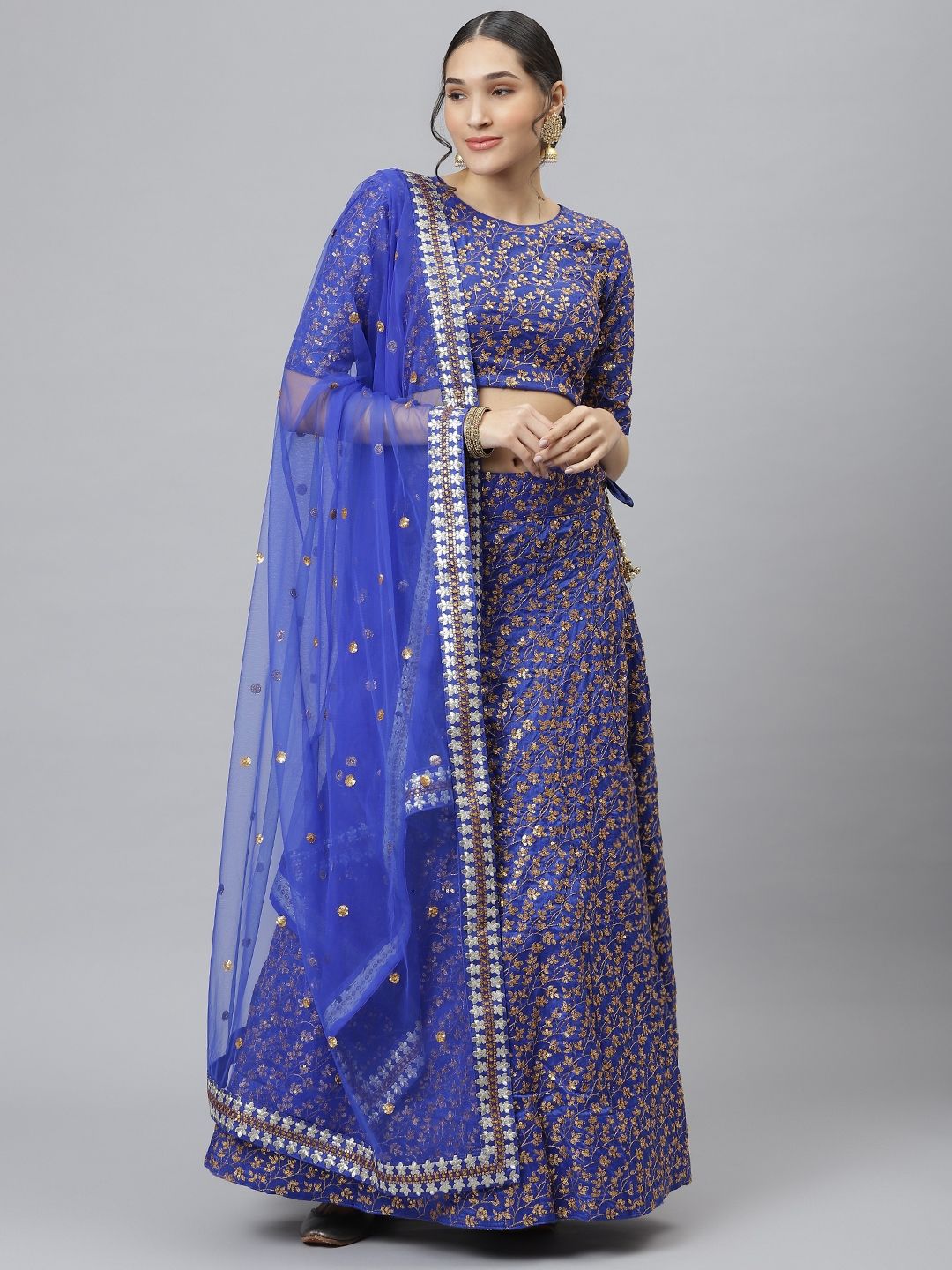 SHUBHVASTRA Blue Semi-Stitched Lehenga & Unstitched Blouse With Dupatta Price in India