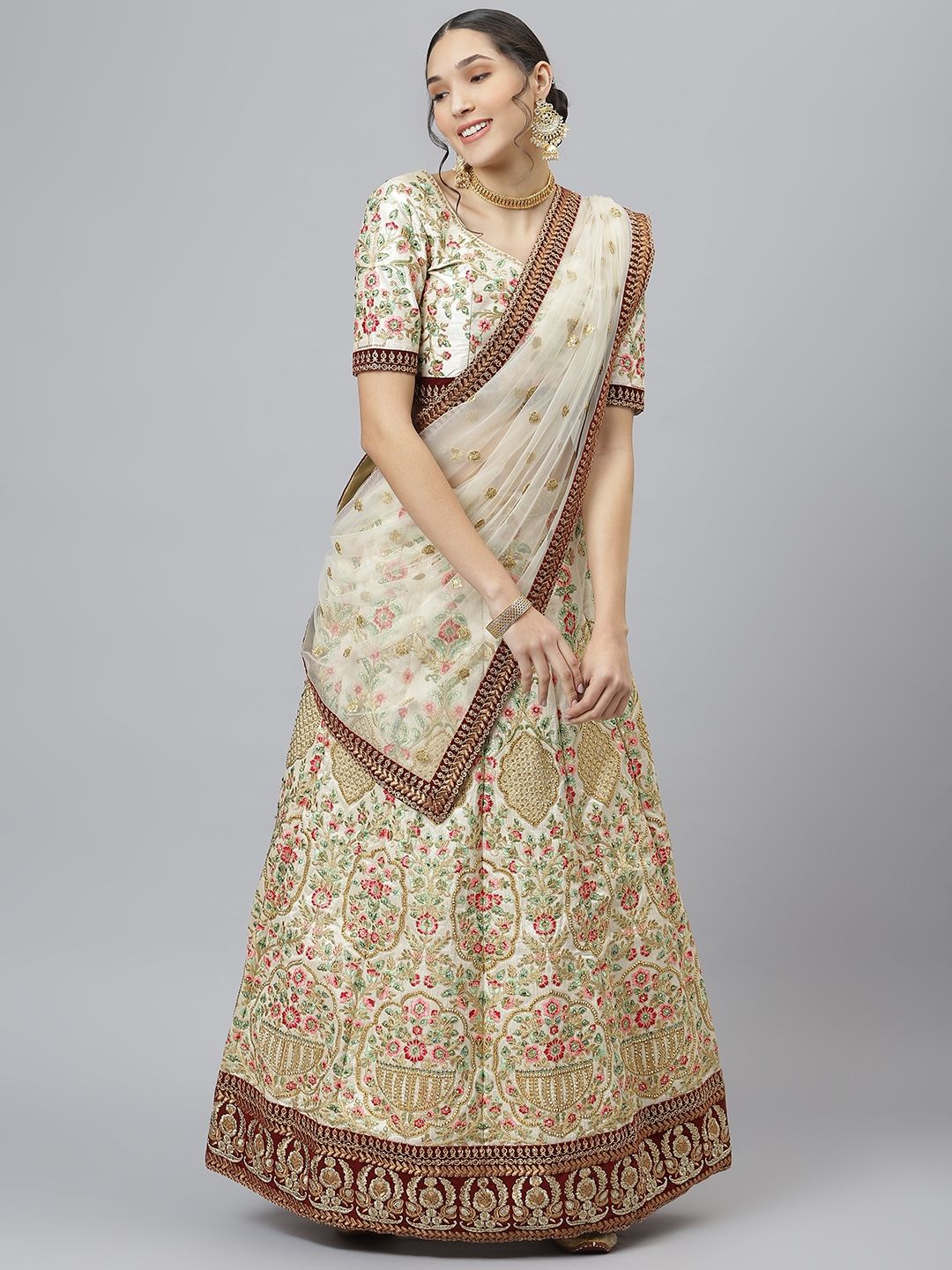 SHUBHVASTRA Off White Printed Semi-Stitched Lehenga & Unstitched Blouse With Dupatta Price in India