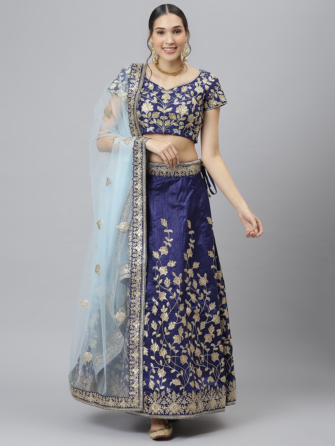 SHUBHVASTRA Navy Blue Printed Semi-Stitched Lehenga & Unstitched Blouse With Dupatta Price in India