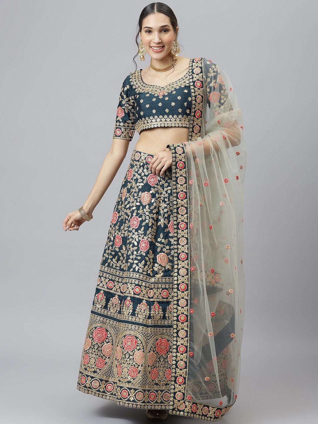 SHUBHVASTRA Blue Semi-Stitched Lehenga & Unstitched Blouse With Dupatta Price in India