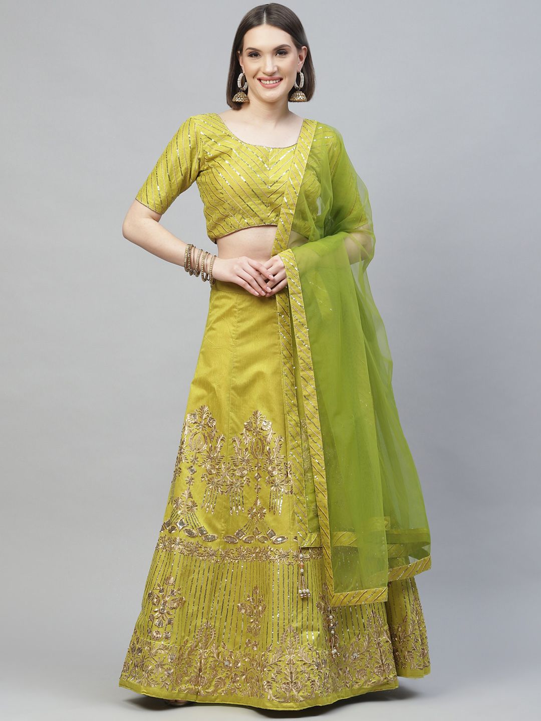 SHUBHVASTRA Green Embellished Semi-Stitched Lehenga & Unstitched Blouse With Dupatta Price in India