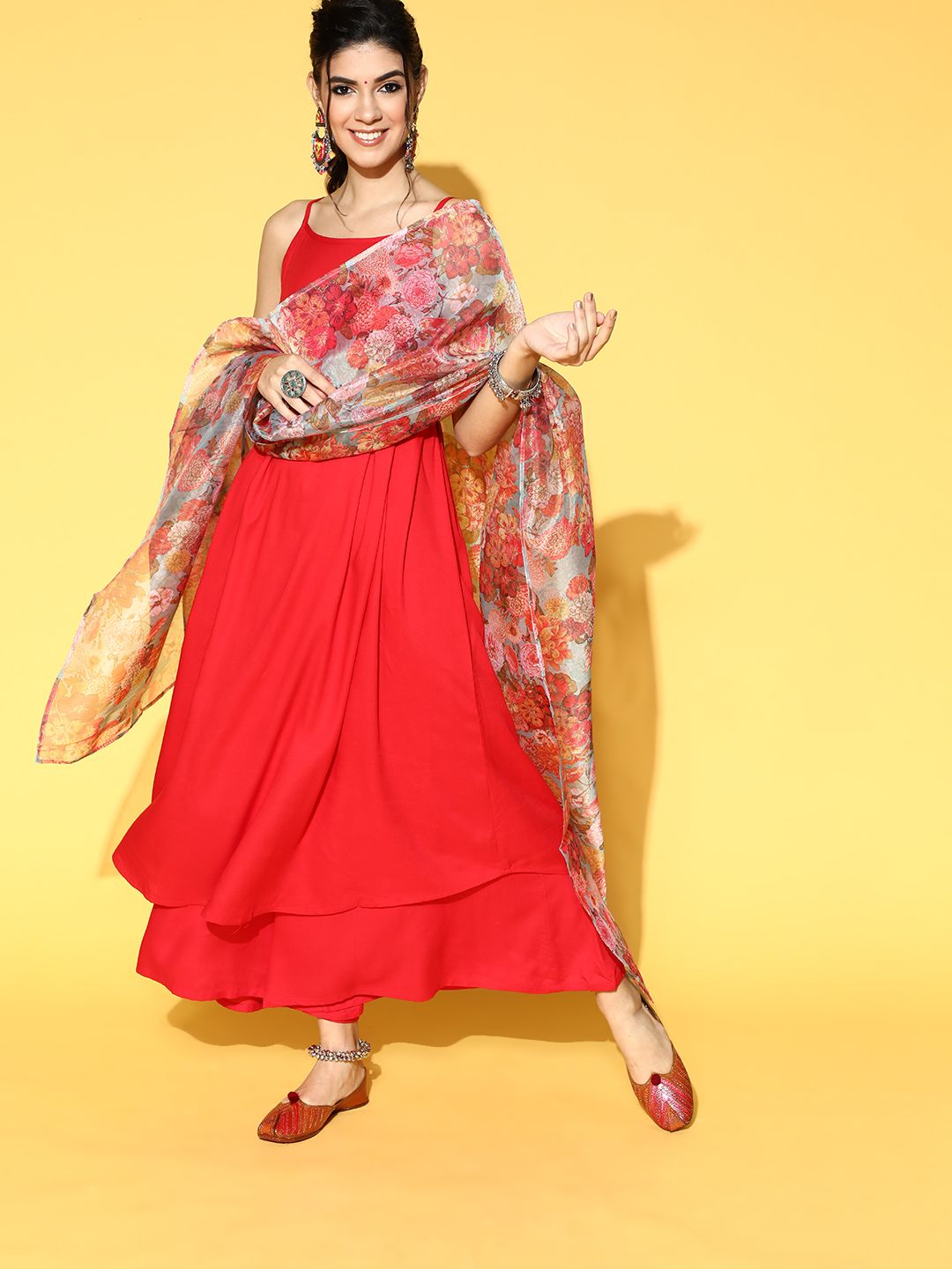 InWeave Women Red Solid Pleated Viscose Rayon Kurti with Palazzos & With Organza Dupatta Price in India