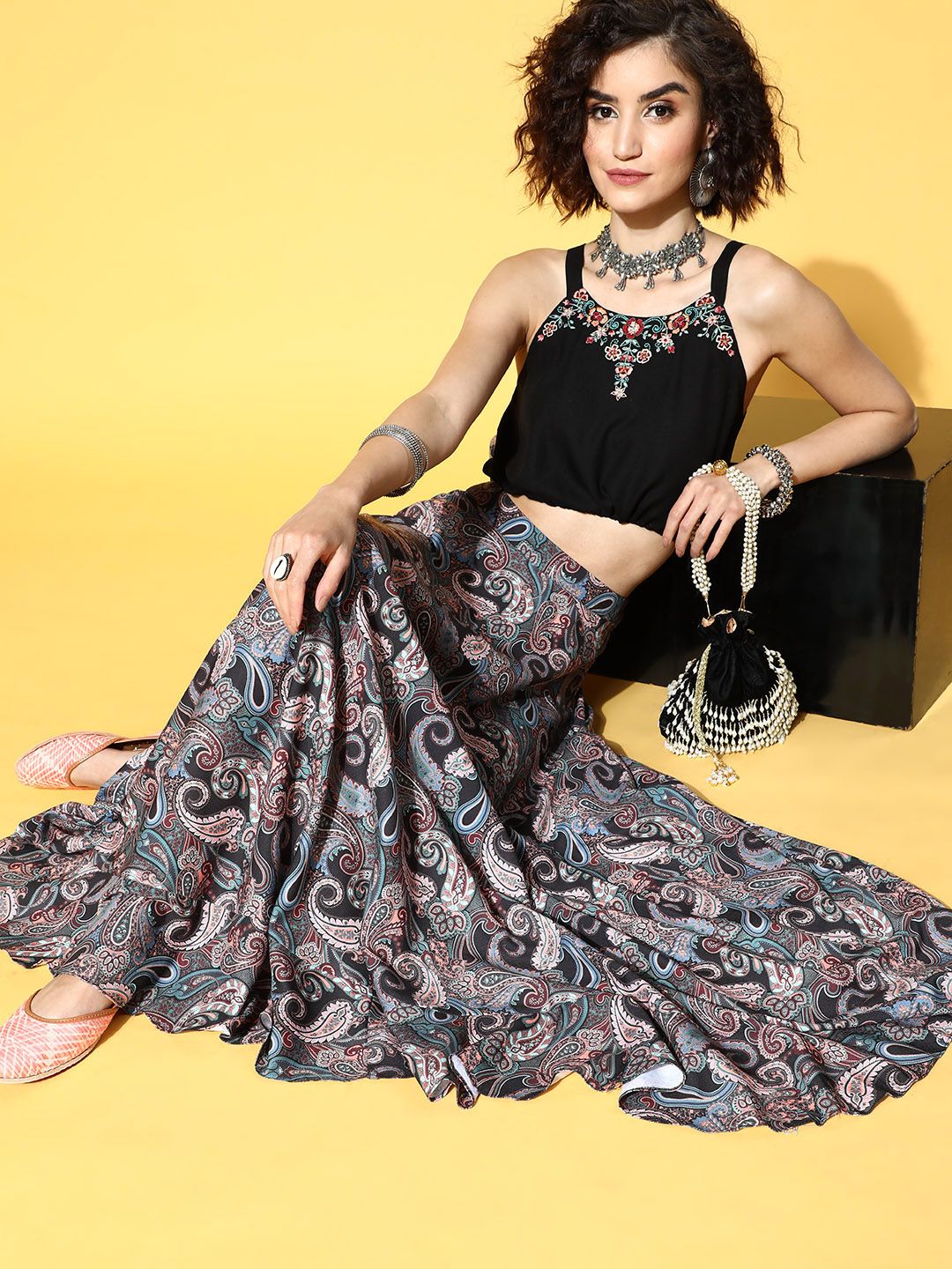 Os Women Black Printed Crop Top with Skirt Price in India