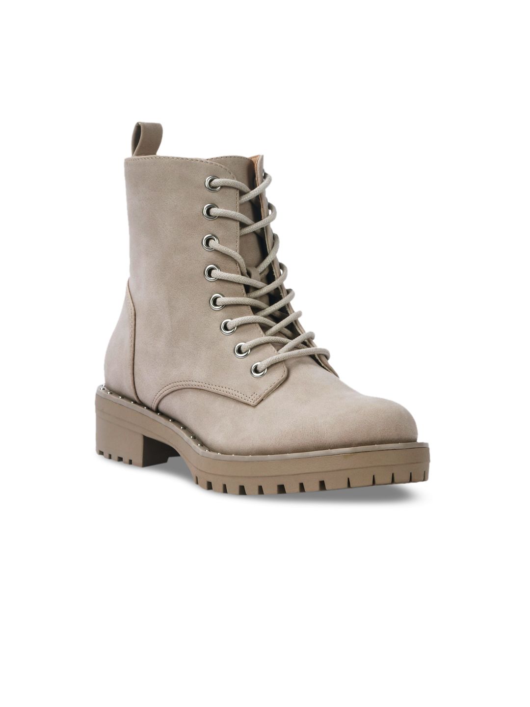 London Rag Women Beige Solid High-Top Stud Lined Biker Block Heeled Boots with Cleats Price in India