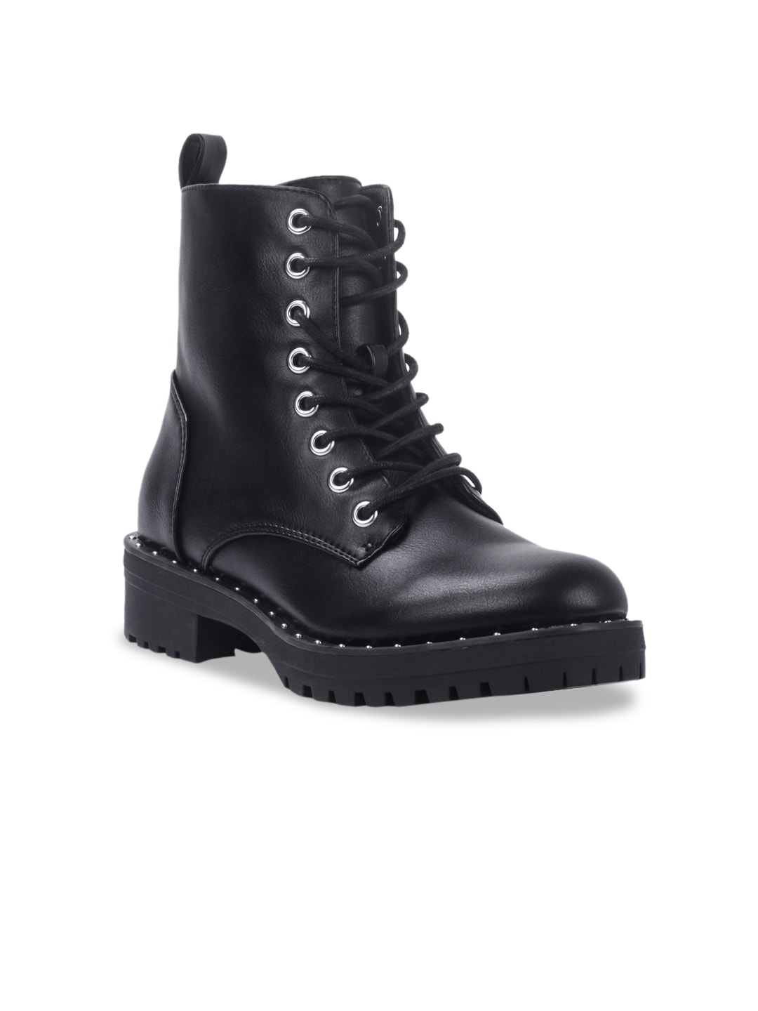 London Rag Women Black Solid High-Top Stud Lined Biker Block Heeled Boots with Cleats Price in India