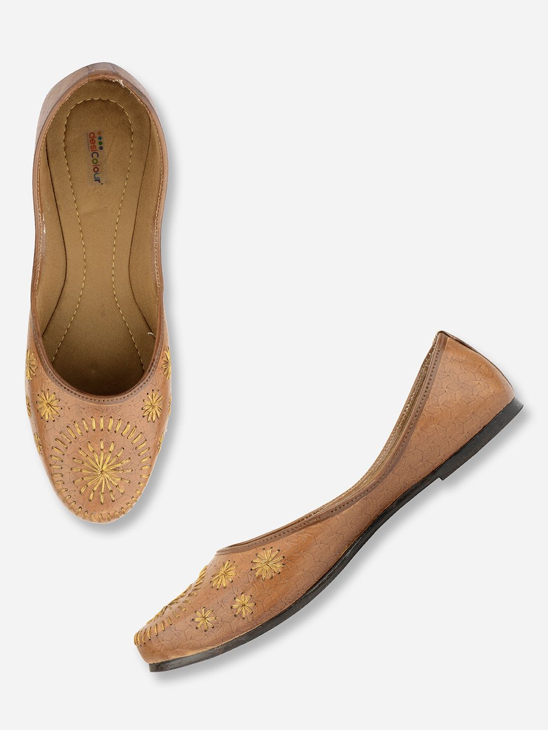 DESI COLOUR Women Brown Textured Leather Ethnic Ballerinas Flats