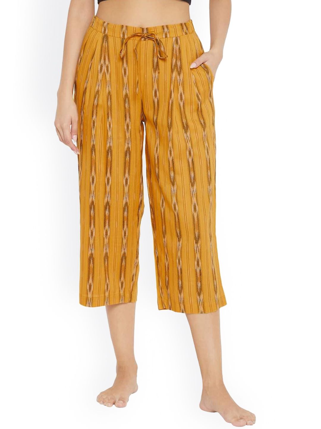 Style SHOES Women Yellow & Brown Striped Cotton Lounge Pants Price in India