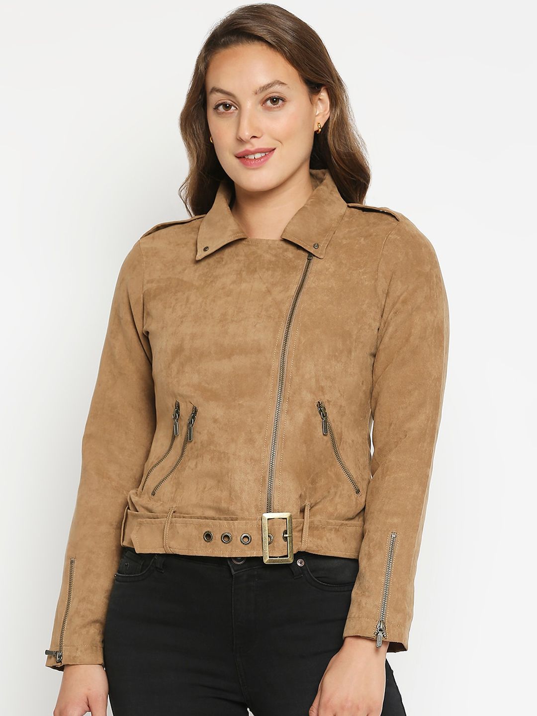 Being Human Women Tan Solid Lightweight Biker Jacket Price in India