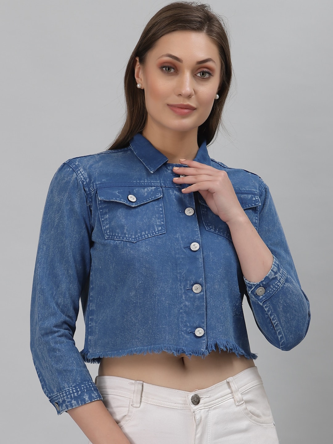 River Of Design Jeans Women Blue Pure Cotton Washed Lightweight Crop Denim Jacket Price in India