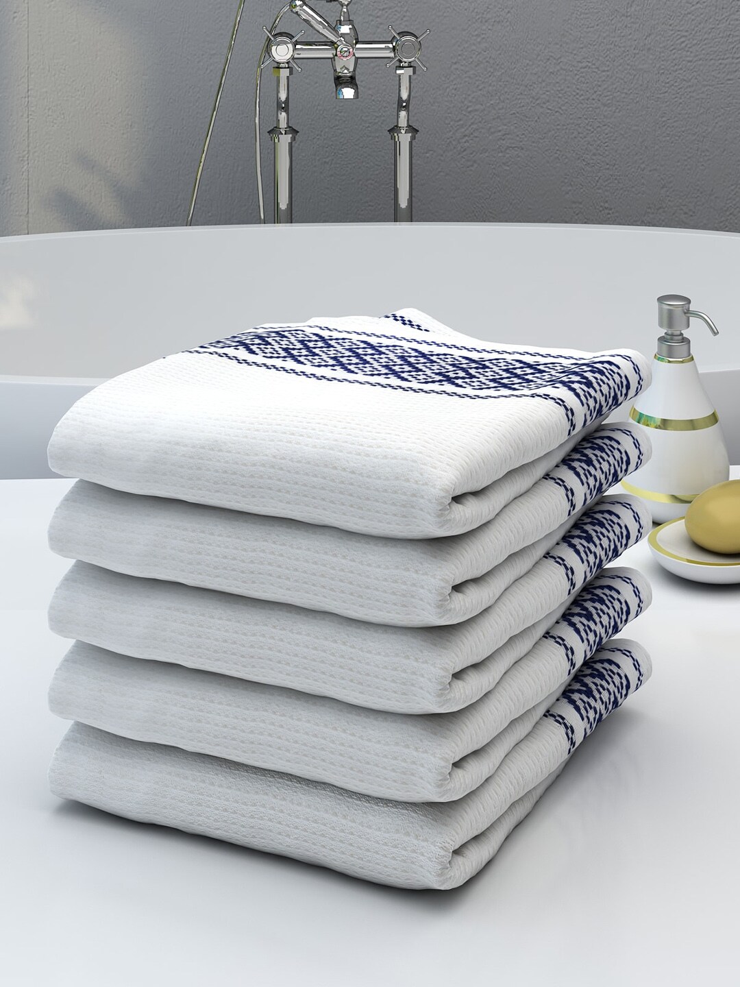 Athom Trendz Pack of 5 White & Blue Solid 210 GSM Pure Cotton Bath Towels Price in India