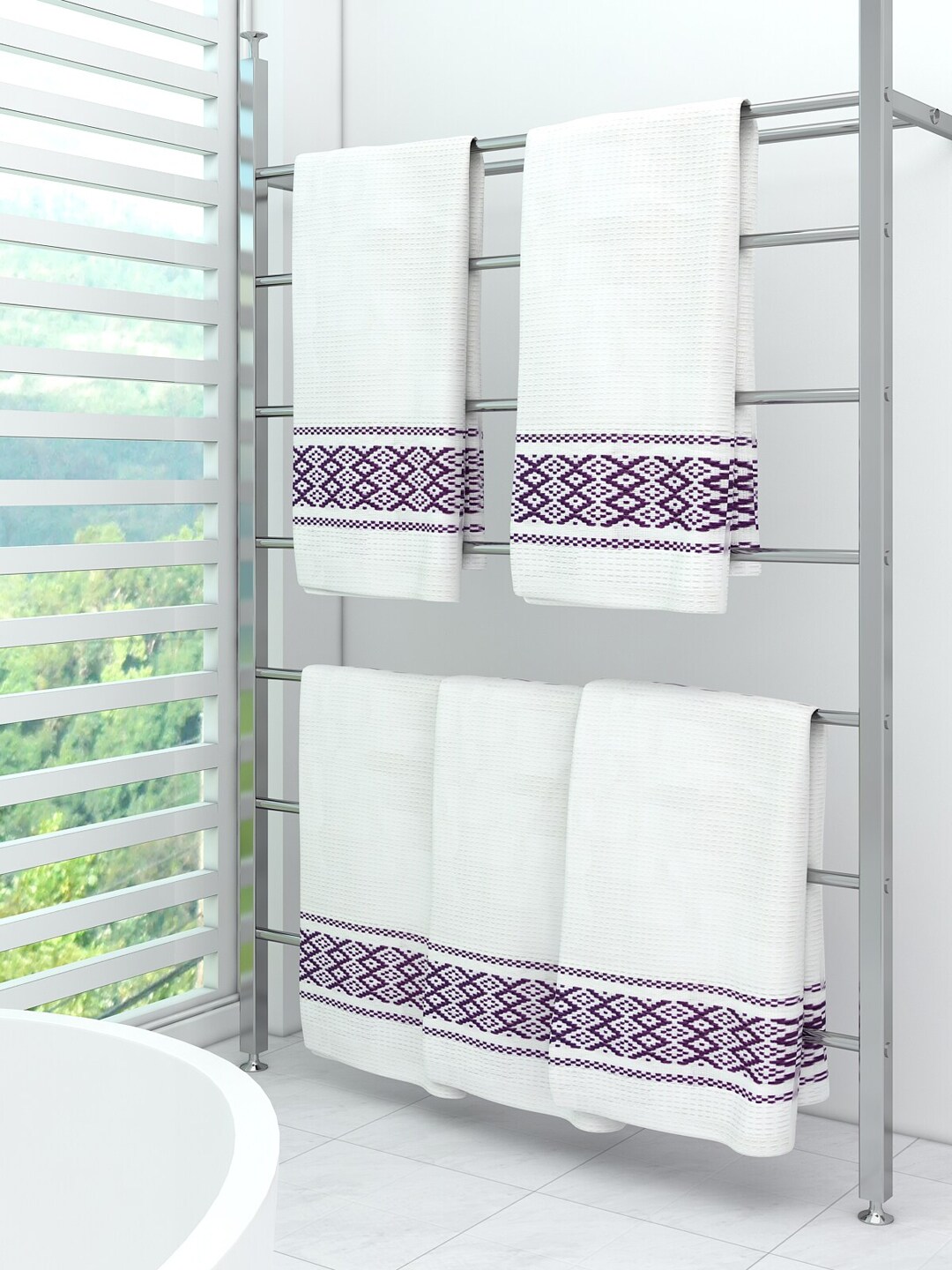 Athom Trendz Set of 5 White & Purple Striped 210 GSM Pure Cotton Bath Towels Price in India