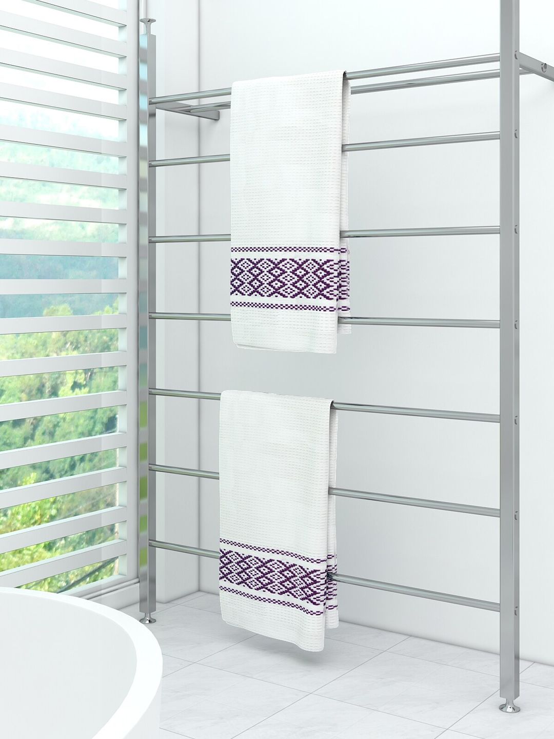 Athom Trendz Set Of 2 White & Purple Solid 210 GSM Pure Cotton Bath Towels Price in India