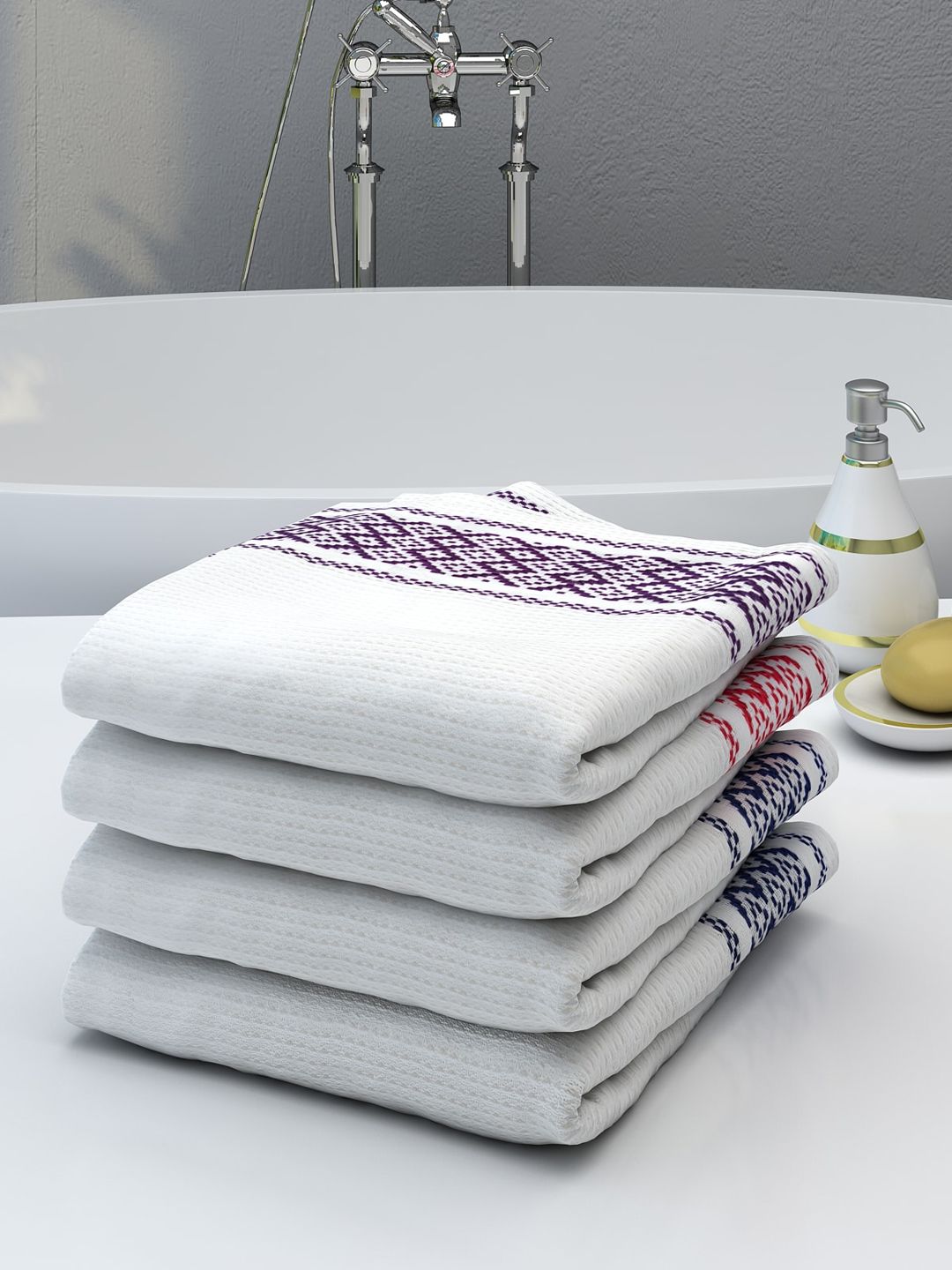 Athom Trendz Pack Of 4 White Striped 210 GSM Bath Towels Price in India