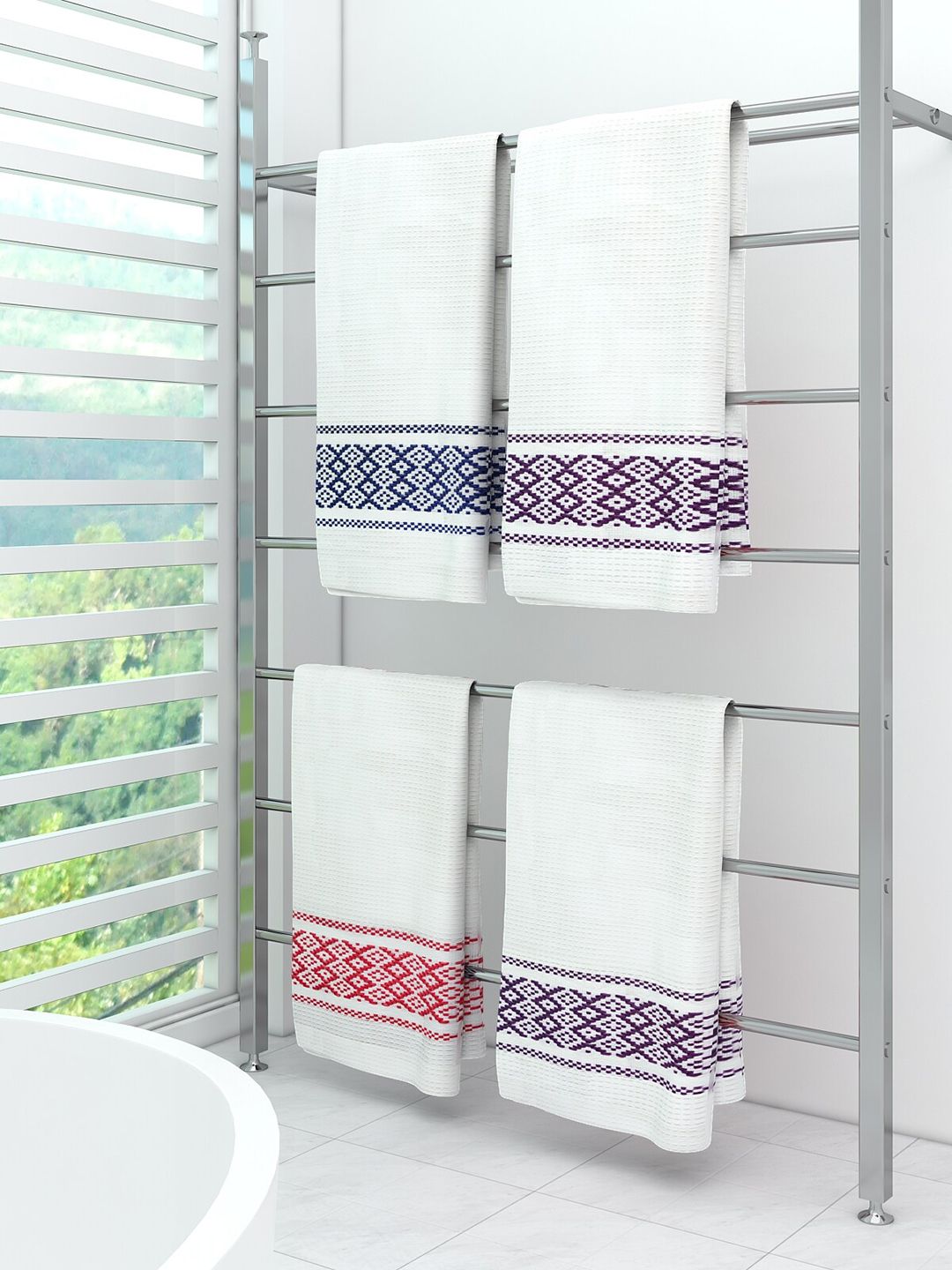 Athom Trendz Pack of 4 White & Purple Striped 210 GSM Pure Cotton Bath Towels Price in India