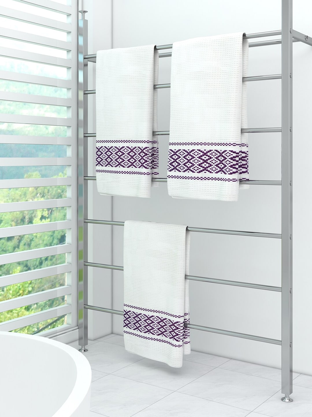 Athom Trendz Set of 3 White & Purple Striped 210 GSM Pure Cotton Bath Towels Price in India