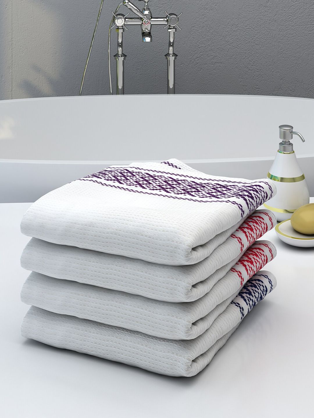 Athom Trendz Set of 4 White & Purple Striped 210 GSM Pure Cotton Bath Towels Price in India