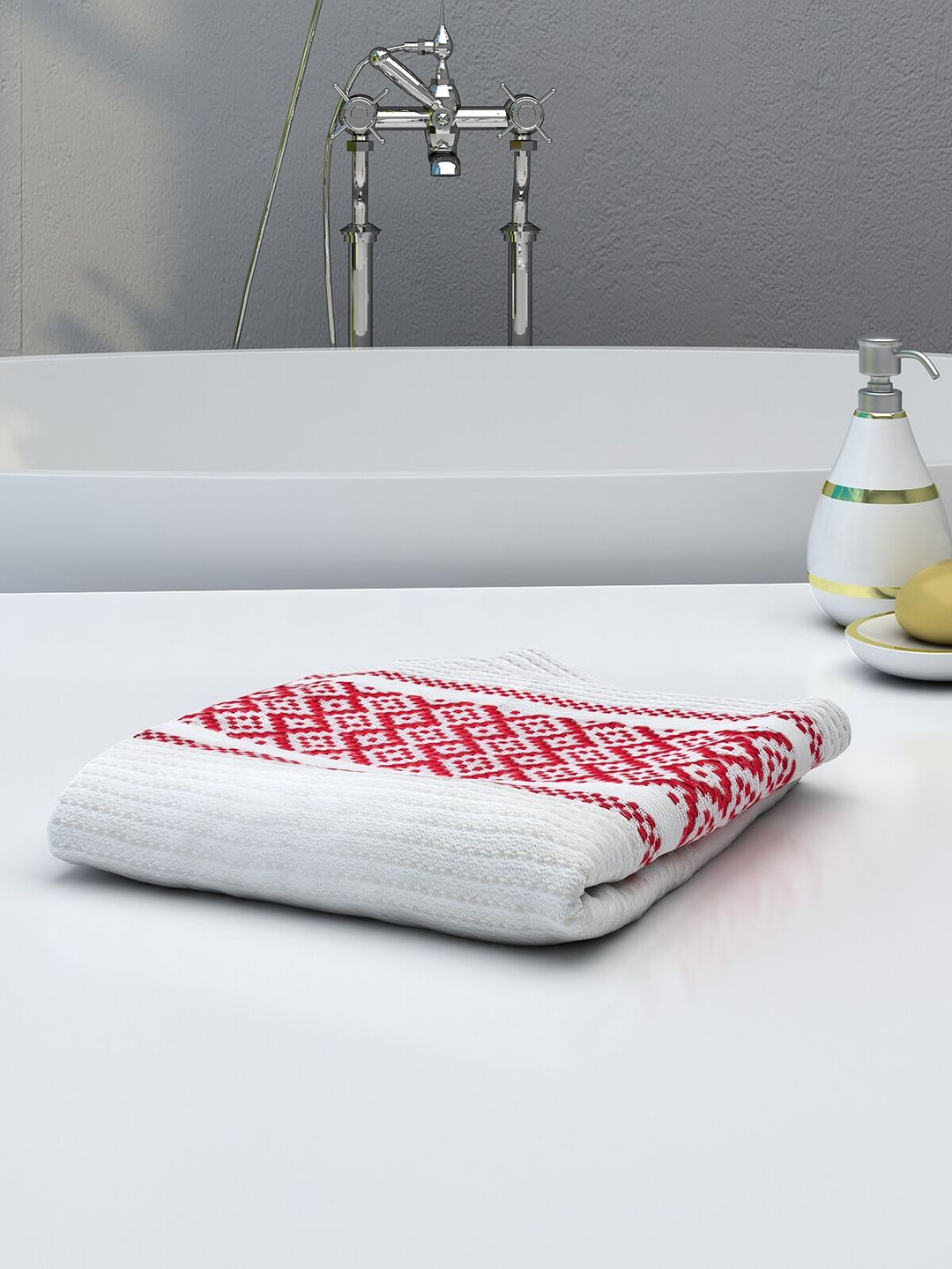 Athom Trendz White & Red Self-Design 210 GSM Pure Cotton Bath Towel Price in India