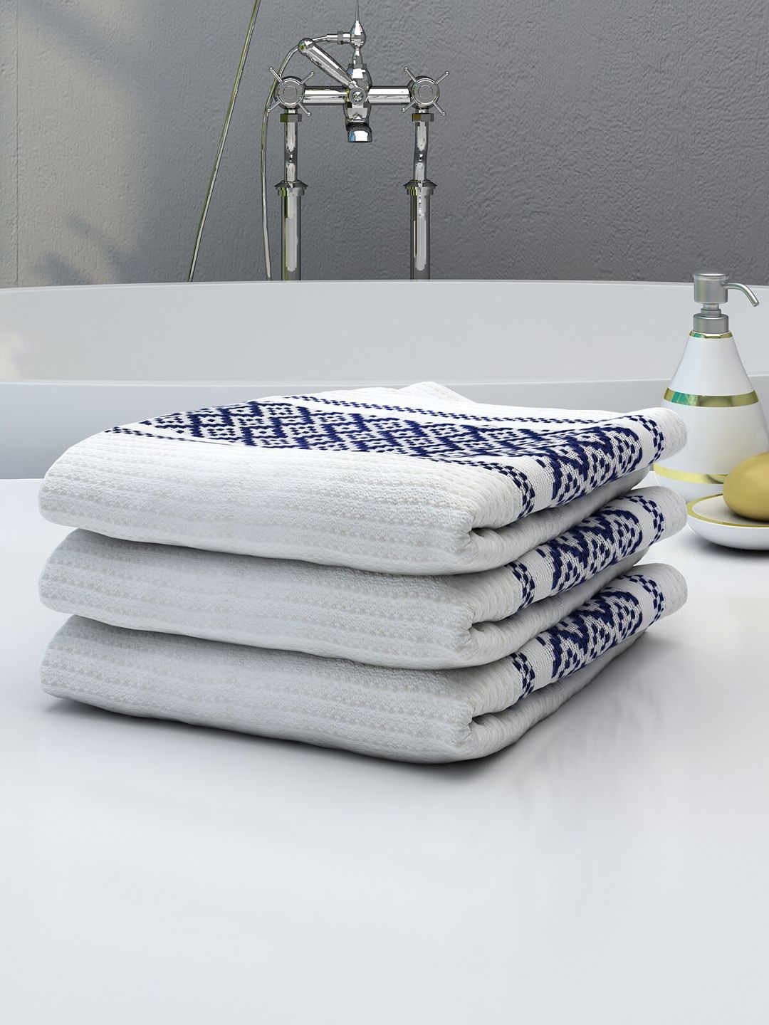 Athom Trendz Set Of 3 White & Blue Striped 210 GSM Pure Cotton Bath Towels Price in India
